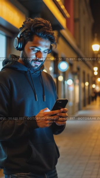 Hispanic young attractive man stands in dark street in front of shop, changes songs and tracks on smartphone, listens to music in wireless headphones. Hipster wearing casual dress. Стоковое AI-видео, аниматор Sergey Grishin / Фотобанк Лори