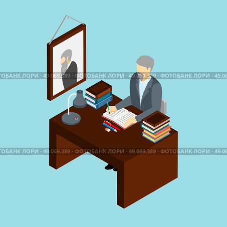 Historian At Work Profession Isometric Banner. Professional historian at work in his office concept isometric banner with scientific research attributes abstract vector illustration . Стоковая иллюстрация, агентство Ingram Publishing / Фотобанк Лори
