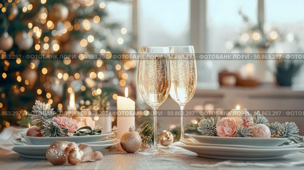 Holiday Concept: Yuletide cheers with champagne for print, card, poster. Стоковое AI-изображение, AI-художник Данила Большаков / Фотобанк Лори