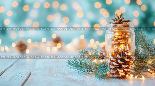 Holiday Season Pinecone and Lights Composition. Стоковое AI-изображение, AI-художник Данила Большаков / Фотобанк Лори