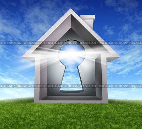 Home Buying and real estate property ownership after the approval of a mortgage application due to a good credit rating with akey hole in a house symbol on a blue sky and grass with glowing light of success. Стоковое фото, агентство Ingram Publishing / Фотобанк Лори