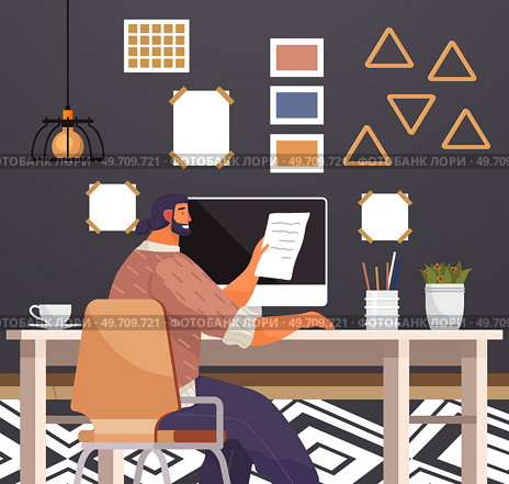 Home office. Interior vector illustration. Work from home. Workspace in living room Modern and contemporary designs Office welcoming reception area for clients Interior designer incorporated natural. Home office. Work from home. Well-organized room promotes clutter-free and productive workspace Office area is equipped. Стоковая иллюстрация, агентство Ingram Publishing / Фотобанк Лори