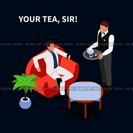 Home staff isometric people composition with domestic servant human character handing around tea with editable text vector illustration. Стоковая иллюстрация, агентство Ingram Publishing / Фотобанк Лори