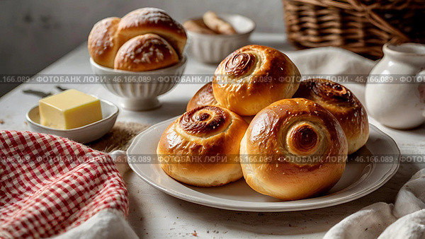 Homemade fresh pastries on the kitchen table. Fresh delicious buns in the bakery. Freshly baked pastry made from flour. Стоковое AI-изображение, AI-художник Photojuli / Фотобанк Лори