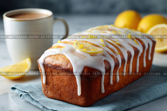 Homemade lemon drizzle cake with icing. Classic lemon pound cake with citrus glaze and zest. Whole loaf, side view, close up. Fresh homemade baked dessert with lemon slices. Blurred tea set background. Стоковое AI-изображение, AI-художник Марина Демидюк / Фотобанк Лори