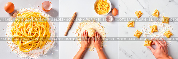 Homemade pasta preparation process with fresh ingredients for World Pasta Day. Стоковое AI-изображение, AI-художник DeFusum / Фотобанк Лори