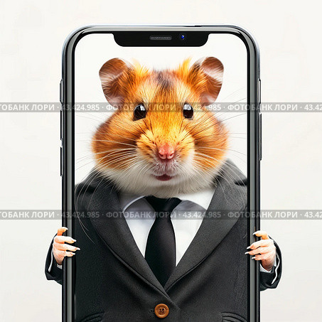 Хомяк в костюме в экране смартфона. Стоковое AI-изображение, AI-художник Unreal Images / Фотобанк Лори