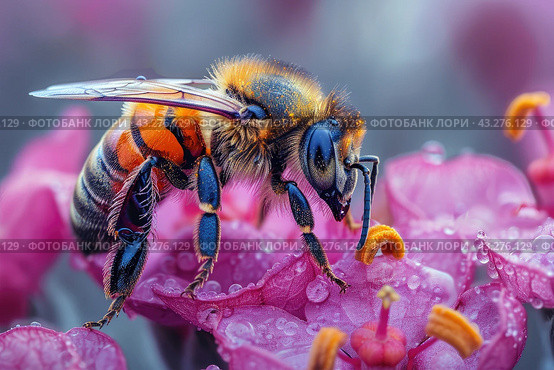 Honey Bee (Apis mellifera) pollinating apple blossoms. A bee collecting pollen and nectar from flower. Macro shot with selective focus. Стоковое AI-изображение, AI-художник Ирина Михайличенко / Фотобанк Лори