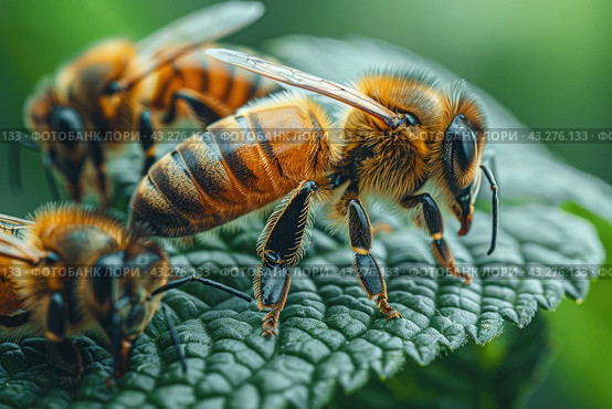 Honey Bee (Apis mellifera) pollinating apple blossoms. A bee collecting pollen and nectar from flower. Macro shot with selective focus. Стоковое AI-изображение, AI-художник Ирина Михайличенко / Фотобанк Лори