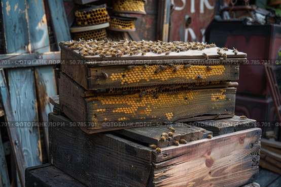 Honey bees working on a partially open beehive in apiary. Стоковое AI-изображение, AI-художник Иван Рябоконь / Фотобанк Лори