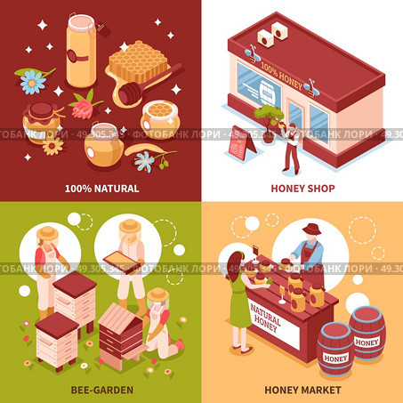 Honey Production 4 Isometric Icons . Bee keeping honey production and sale 4 isometric icons concept with beehives and market isolated vector illustration . Стоковая иллюстрация, агентство Ingram Publishing / Фотобанк Лори