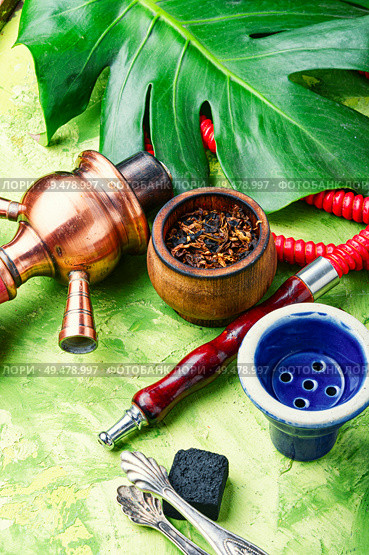 Hookah mouthpiece.Shisha aroma.Tabak with tropical flavor.Kalian smoking. Arabia shisha with tobacco. Стоковое фото, агентство Ingram Publishing / Фотобанк Лори