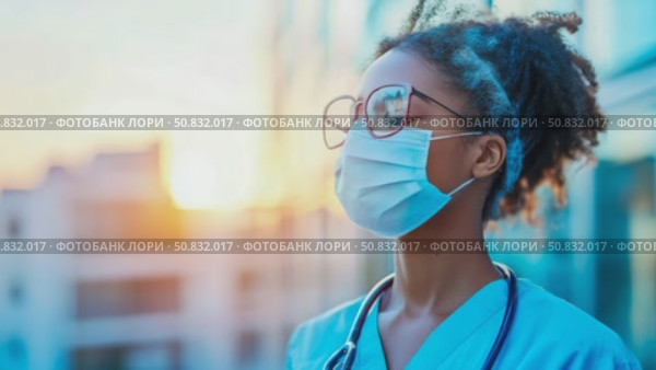 Hopeful Guardian: A Frontline Healthcare Worker in Protective Gear Stands Against a Bright Horizon. Стоковое AI-видео, аниматор Данила Большаков / Фотобанк Лори