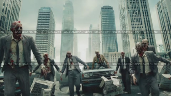 Horde of decaying undead figures in business suits shambles through a desolate urban landscape, an eerie scene of a city abandoned. Стоковое AI-видео, аниматор Данила Большаков / Фотобанк Лори