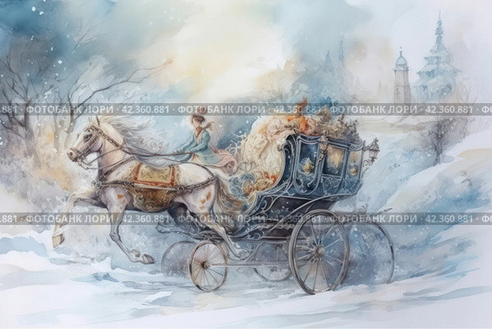 Horse-drawn carriage in the winter forest. Watercolor painting. Стоковое AI-изображение, AI-художник Анна Кривицкая / Фотобанк Лори