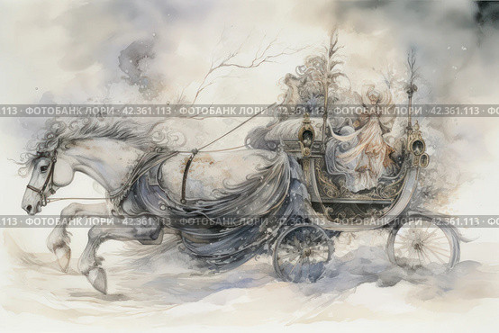 Horse-drawn carriage in the winter forest. Watercolor painting. Стоковое AI-изображение, AI-художник Анна Кривицкая / Фотобанк Лори