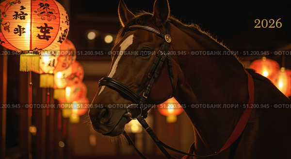 Horse head softly lit by lanterns with golden 2026 in red-gold festive scene. Стоковое AI-изображение, AI-художник Гузель Набиуллина / Фотобанк Лори