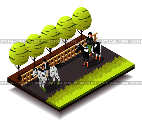 Horse riding isometric composition with riders on horseback in jockey equipment 3d vector illustration . Horse Riding Isometric Composition. Стоковая иллюстрация, агентство Ingram Publishing / Фотобанк Лори