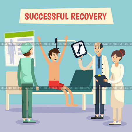 Hospital Doctors Patient Flat Poster. Hospital ward successful recovery scene with doctor assistent nurse and patient poster flat comic orthogonal vector illustration . Стоковая иллюстрация, агентство Ingram Publishing / Фотобанк Лори