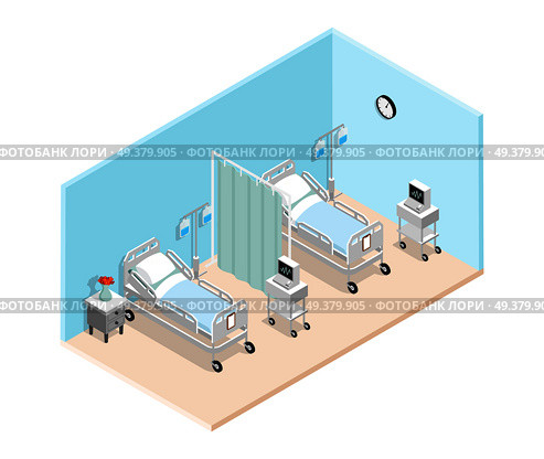 Hospital ward isometric interior with  specialized medical beds for bedridden patients dropper and cardiograph vector illustration . Hospital Ward Isometric Interior . Стоковая иллюстрация, агентство Ingram Publishing / Фотобанк Лори