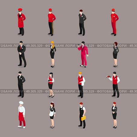 Hospitality Staff Characters Collection. Valet set of isolated hotel employee characters bell attendants waiters receptionists and chambermaid in appropriate uniform vector illustration. Стоковая иллюстрация, агентство Ingram Publishing / Фотобанк Лори