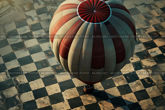 Hot air balloon taking off from checkerboard patterned ground. Стоковое AI-изображение, AI-художник Иван Рябоконь / Фотобанк Лори