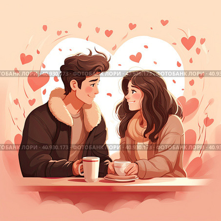 Hot drinks and the concept of love. A young loving smiling couple, a man and a woman, are sitting holding cups of hot tea or coffee in their hands. Generated by AI. Стоковое AI-изображение, AI-художник Ярославский Максим / Фотобанк Лори