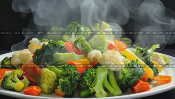 Hot steaming grilled vegetables, carrot, green bean, broccoli, pepper. Serving a white plate on wooden table desk, black wall background. Boiled food healthy meal concept. Ratatouille with smoke steam. Стоковое AI-видео, аниматор Марина Демидюк / Фотобанк Лори