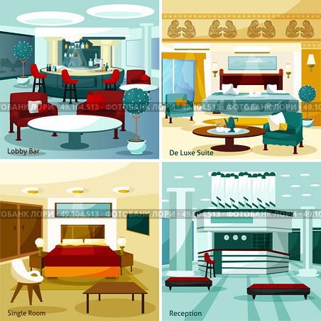 Hotel Interior 2x2 Design Concept. Colorful modern hotel interior lobby bar de luxe suite single room and reception 2x2 design concept cartoon vector illustration. Стоковая иллюстрация, агентство Ingram Publishing / Фотобанк Лори