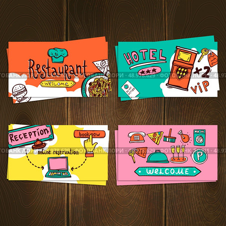 Hotel reservation restaurant room services business cards set hand drawn isolated on wooden background vector illustration. Стоковая иллюстрация, агентство Ingram Publishing / Фотобанк Лори