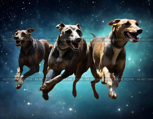 Hounds dogs in the starry sky. Hounds dogs (Latin Canes Venatici) is a constellation in the northern celestial hemisphere. 57 stars visible to the naked eye. Best visibility in March-April. Visible throughout Russia. Стоковое AI-изображение, AI-художник Сергей Елизарьев / Фотобанк Лори