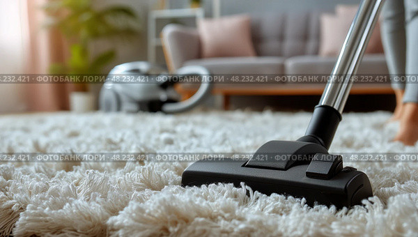 House Cleaning Activity With Vacuum Cleaner on Carpeted Floor in Cozy Living Room. Стоковое AI-изображение, AI-художник Юлия Гапеенко / Фотобанк Лори