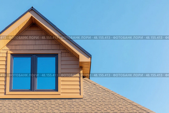 House Exterior. Roof Window. Second floor among blue sky. Mansard attic. Newly build houses. Gable roof with skylight, asphalt roofing, shingles. Residential Home. Vinyl Siding. Polymeric roof-tiles. Стоковое AI-изображение, AI-художник Марина Демидюк / Фотобанк Лори