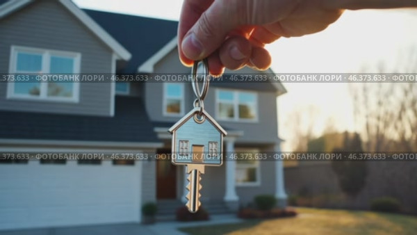House Keys. Keys from new housing, dwellings among blurred real estate, apartment building. Relocation. Open entrance door, house shaped keychain. Door Keyring. Real estate, agent, insurance, property. Стоковое AI-видео, аниматор Марина Демидюк / Фотобанк Лори
