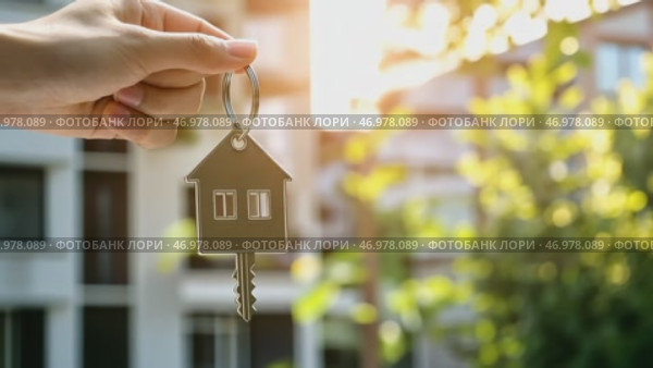 House Keys. Keys from new housing, dwellings among blurred real estate, apartment building. Relocation. Open entrance door, house shaped keychain. Door Keyring. Real estate, agent, insurance, property. Стоковое AI-видео, аниматор Марина Демидюк / Фотобанк Лори