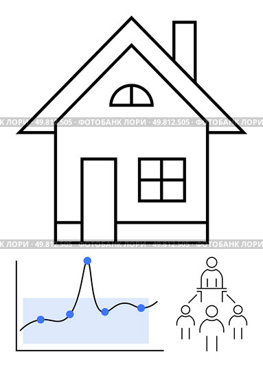 House outline upward graph community diagram. Ideal for real estate, investment, data analysis, community growth, housing market, family planning, financial forecasting. Line metaphor. Visualizing Homeownership Trends Data Connections and Community Impact. Стоковая иллюстрация, агентство Ingram Publishing / Фотобанк Лори