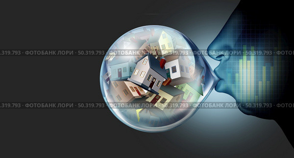Housing Market inflation and real estate bubble and residential speculation concept or overvalued home prices economy as an inflationary financial crisis and inflated house price with 3D render elements. Стоковое фото, агентство Ingram Publishing / Фотобанк Лори