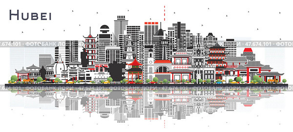 Hubei Province in China. City Skyline with Color Buildings Isolated on White. Tourism Concept with Historic Architecture. Hubei Cityscape with Landmarks. Wuhan. Xiaogan. Стоковая иллюстрация, иллюстратор Игорь Сорокин / Фотобанк Лори