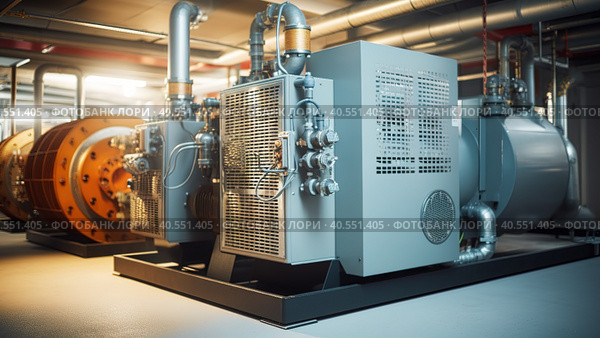 Huge industrial compressor in production. Generative AI. Стоковое AI-изображение, AI-художник Юрий Поздников / Фотобанк Лори