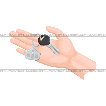 Human arm lends house key with trinket on white background. Cartoon arm presents keys from apartment, house or hotel room to someone. Real estate deal isolated vector in flat design. Cartoon Arm Gives House Key Isolated Illustration. Стоковая иллюстрация, агентство Ingram Publishing / Фотобанк Лори