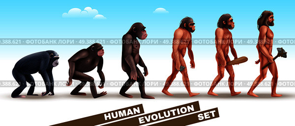 Human evolution set of characters from primates to homo sapiens on blue sky background vector illustration  . Human Evolution Characters Set. Стоковая иллюстрация, агентство Ingram Publishing / Фотобанк Лори