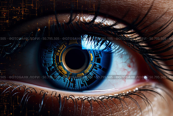 Human eye showing futuristic digital circuit board technology. Стоковое AI-изображение, AI-художник Иван Рябоконь / Фотобанк Лори