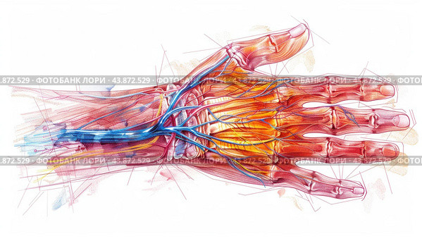 Human hand anatomy showing bones, muscles, tendons, ligaments, veins and arteries. Стоковое AI-изображение, AI-художник Юрий Поздников / Фотобанк Лори