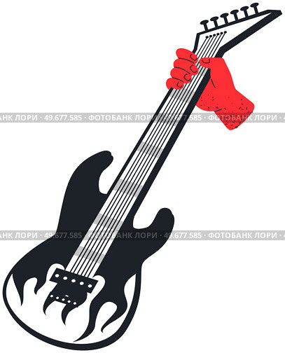 Human hand holding black and white stringed electric musical instrument. Guitar with strings for loud music. Modern instrument for guitarists. Person playing electric guitar vector illustration. Human hand holding black and white stringed electric musical instrument. Person plays modern guitar. Стоковая иллюстрация, агентство Ingram Publishing / Фотобанк Лори