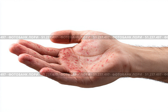 Human Hands with Painful Rash, Red Spots Blisters on the Skin. Health Problem. Monkeypox Disease Symptoms. Male Patient Arms with Monkey Pox. Close Up. Dengue Fever Infection, MPOX. Herpes, Pox Virus. Стоковое AI-изображение, AI-художник Марина Демидюк / Фотобанк Лори