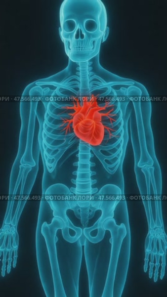 Human heart beating inside skeleton chest anatomy. Стоковое AI-видео, аниматор Юрий Поздников / Фотобанк Лори
