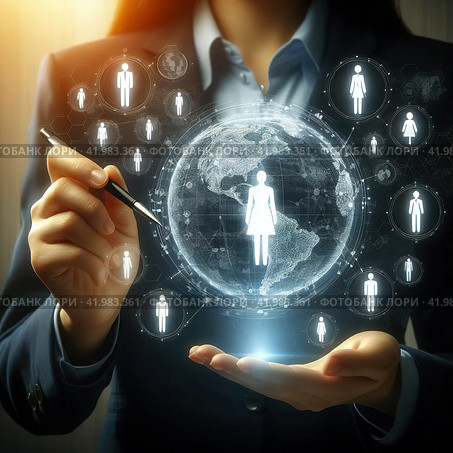 Human resource management concept, team building. Management and personnel selection. Human Resource Management and Global Connectivity with Social Media. Стоковое AI-изображение, AI-художник Евгений Ткачёв / Фотобанк Лори