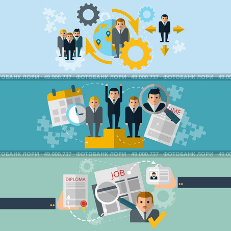 Human resources personnel selection and effective recruiting employees  strategy 3 horizontal banners set abstract flat vector illustration. Human resources flat banners set. Стоковая иллюстрация, агентство Ingram Publishing / Фотобанк Лори