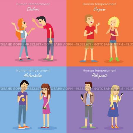 Human Temperament Fundamental Personality Types.. Human temperament fundamental personality types. Sanguine optimistic and social, choleric short-tempered or irritable, melancholic analytical and quiet, phlegmatic relaxed and peaceful. Vector. Стоковая иллюстрация, агентство Ingram Publishing / Фотобанк Лори
