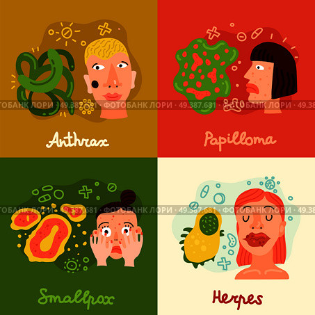 Human viruses concept icons set with smallpox and papilloma symbols flat isolated vector illustration .  Human Viruses Concept Icons Set. Стоковая иллюстрация, агентство Ingram Publishing / Фотобанк Лори